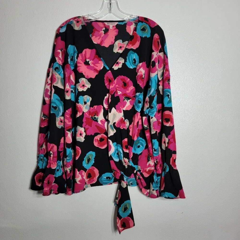 Juicy Couture Floral Bell Sleeve Top Plus Size XXL V-Neck Tie‎ Front Pullover